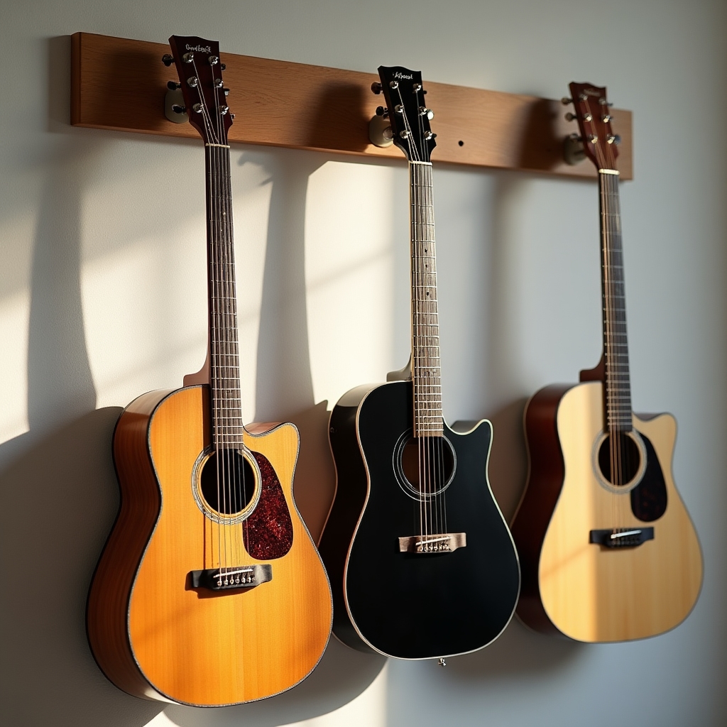 Wandhalterung mit mehreren Gitarren im Instrumentenraum