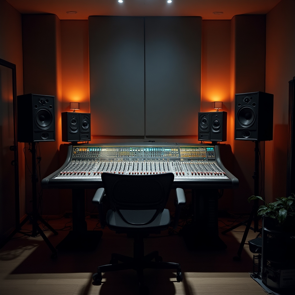 Regieraum des Aufnahmestudios mit Mischpult und warmem Licht