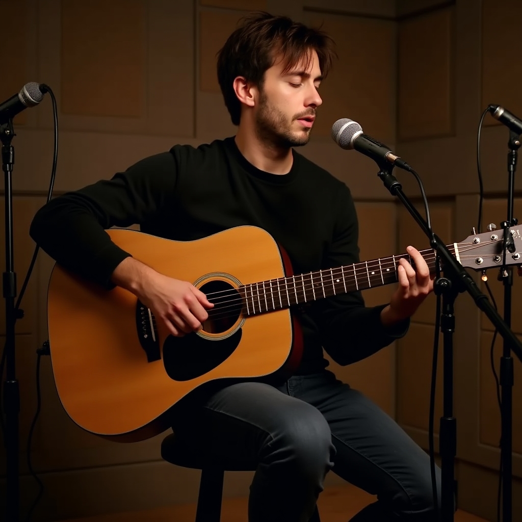 Gitarrist bei der Instrumentalaufnahme im Studioraum